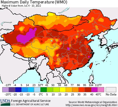 China, Mongolia and Taiwan Maximum Daily Temperature (WMO) Thematic Map For 7/4/2022 - 7/10/2022