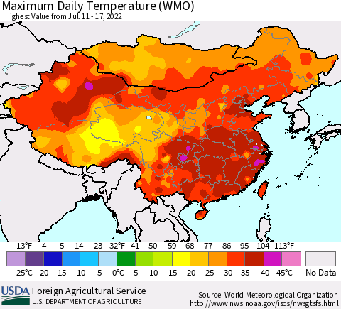 China, Mongolia and Taiwan Maximum Daily Temperature (WMO) Thematic Map For 7/11/2022 - 7/17/2022