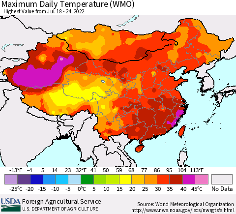 China, Mongolia and Taiwan Maximum Daily Temperature (WMO) Thematic Map For 7/18/2022 - 7/24/2022