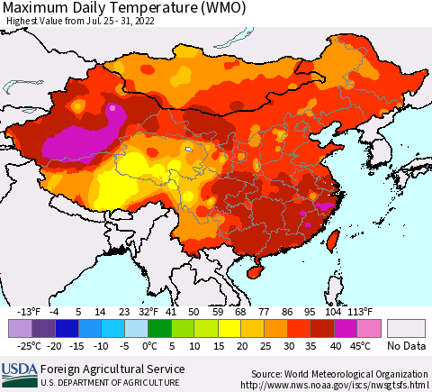China, Mongolia and Taiwan Maximum Daily Temperature (WMO) Thematic Map For 7/25/2022 - 7/31/2022