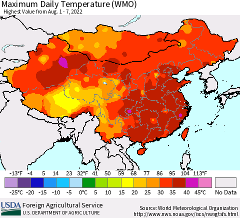 China, Mongolia and Taiwan Maximum Daily Temperature (WMO) Thematic Map For 8/1/2022 - 8/7/2022