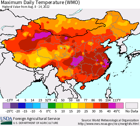 China, Mongolia and Taiwan Maximum Daily Temperature (WMO) Thematic Map For 8/8/2022 - 8/14/2022