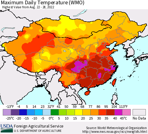 China, Mongolia and Taiwan Maximum Daily Temperature (WMO) Thematic Map For 8/22/2022 - 8/28/2022