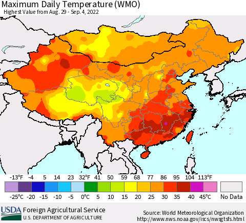 China, Mongolia and Taiwan Maximum Daily Temperature (WMO) Thematic Map For 8/29/2022 - 9/4/2022