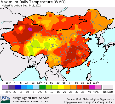 China, Mongolia and Taiwan Maximum Daily Temperature (WMO) Thematic Map For 9/5/2022 - 9/11/2022
