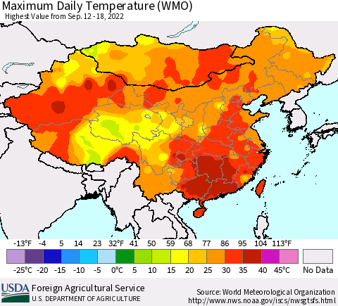 China, Mongolia and Taiwan Maximum Daily Temperature (WMO) Thematic Map For 9/12/2022 - 9/18/2022
