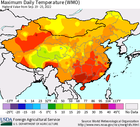 China, Mongolia and Taiwan Maximum Daily Temperature (WMO) Thematic Map For 9/19/2022 - 9/25/2022