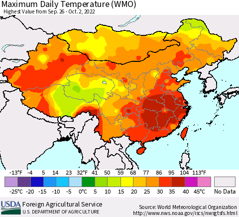 China, Mongolia and Taiwan Maximum Daily Temperature (WMO) Thematic Map For 9/26/2022 - 10/2/2022