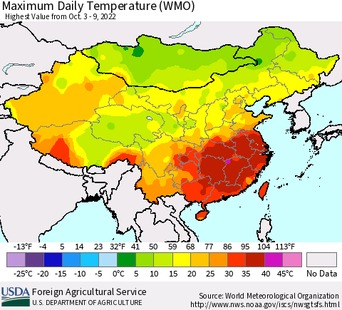 China, Mongolia and Taiwan Maximum Daily Temperature (WMO) Thematic Map For 10/3/2022 - 10/9/2022