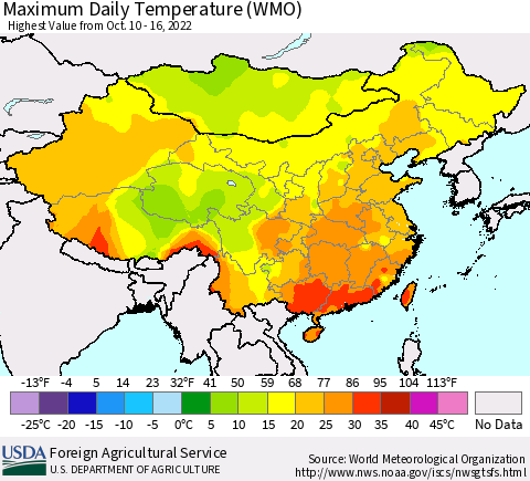 China, Mongolia and Taiwan Maximum Daily Temperature (WMO) Thematic Map For 10/10/2022 - 10/16/2022