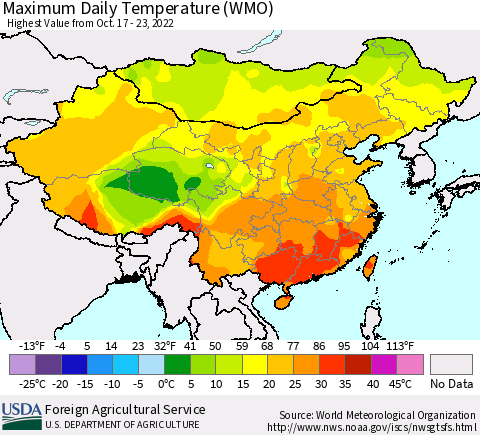 China, Mongolia and Taiwan Maximum Daily Temperature (WMO) Thematic Map For 10/17/2022 - 10/23/2022