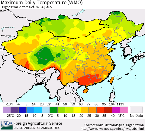 China, Mongolia and Taiwan Maximum Daily Temperature (WMO) Thematic Map For 10/24/2022 - 10/30/2022