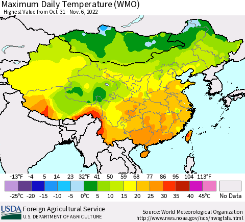 China, Mongolia and Taiwan Maximum Daily Temperature (WMO) Thematic Map For 10/31/2022 - 11/6/2022