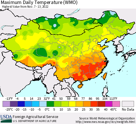 China, Mongolia and Taiwan Maximum Daily Temperature (WMO) Thematic Map For 11/7/2022 - 11/13/2022