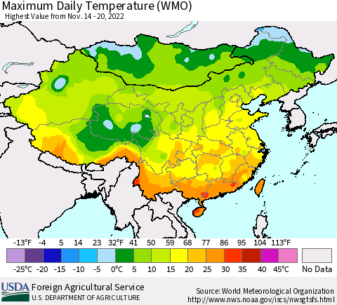 China, Mongolia and Taiwan Maximum Daily Temperature (WMO) Thematic Map For 11/14/2022 - 11/20/2022
