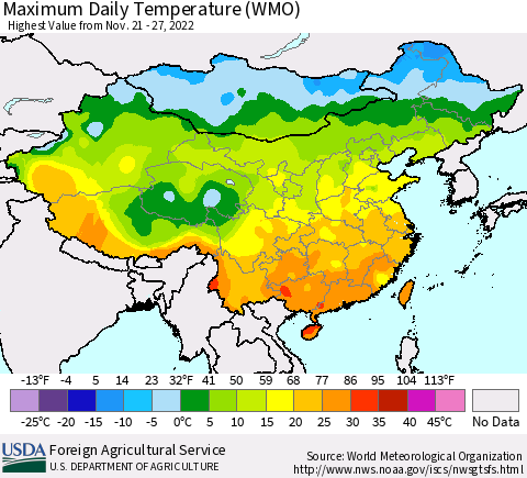 China, Mongolia and Taiwan Maximum Daily Temperature (WMO) Thematic Map For 11/21/2022 - 11/27/2022