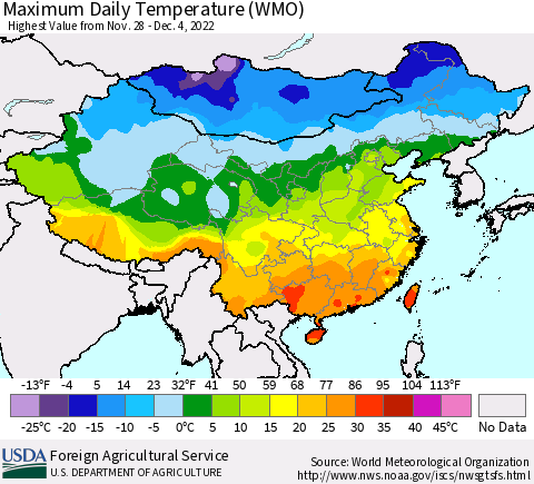 China, Mongolia and Taiwan Maximum Daily Temperature (WMO) Thematic Map For 11/28/2022 - 12/4/2022