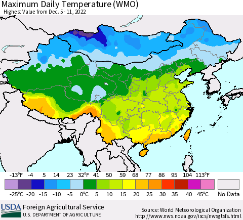 China, Mongolia and Taiwan Maximum Daily Temperature (WMO) Thematic Map For 12/5/2022 - 12/11/2022