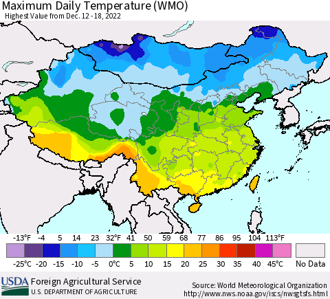 China, Mongolia and Taiwan Maximum Daily Temperature (WMO) Thematic Map For 12/12/2022 - 12/18/2022
