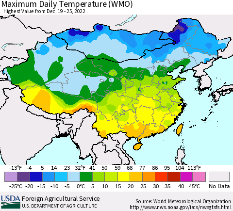 China, Mongolia and Taiwan Maximum Daily Temperature (WMO) Thematic Map For 12/19/2022 - 12/25/2022