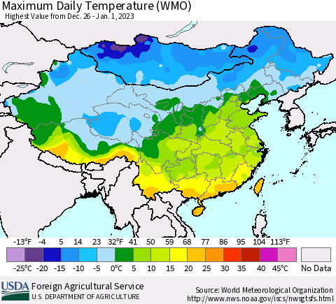 China, Mongolia and Taiwan Maximum Daily Temperature (WMO) Thematic Map For 12/26/2022 - 1/1/2023