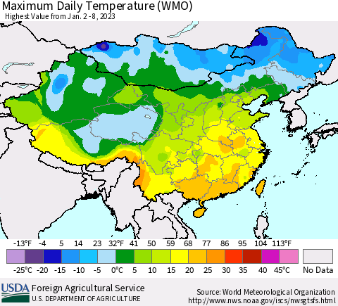China, Mongolia and Taiwan Maximum Daily Temperature (WMO) Thematic Map For 1/2/2023 - 1/8/2023