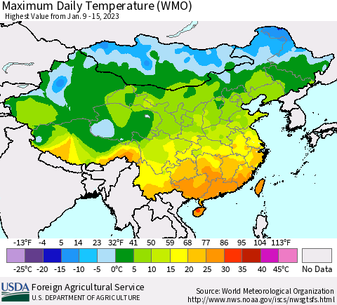 China, Mongolia and Taiwan Maximum Daily Temperature (WMO) Thematic Map For 1/9/2023 - 1/15/2023