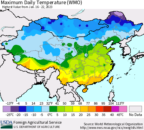China, Mongolia and Taiwan Maximum Daily Temperature (WMO) Thematic Map For 1/16/2023 - 1/22/2023