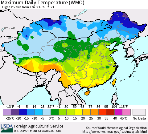 China, Mongolia and Taiwan Maximum Daily Temperature (WMO) Thematic Map For 1/23/2023 - 1/29/2023