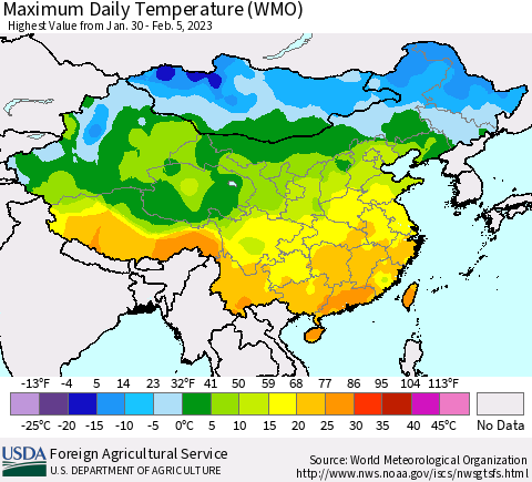 China, Mongolia and Taiwan Maximum Daily Temperature (WMO) Thematic Map For 1/30/2023 - 2/5/2023