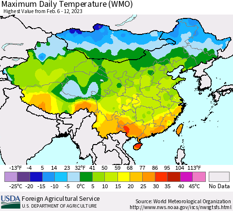 China, Mongolia and Taiwan Maximum Daily Temperature (WMO) Thematic Map For 2/6/2023 - 2/12/2023