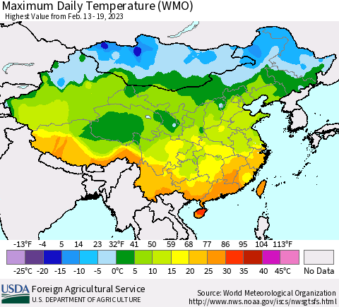 China, Mongolia and Taiwan Maximum Daily Temperature (WMO) Thematic Map For 2/13/2023 - 2/19/2023