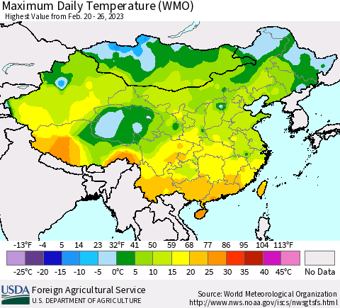 China, Mongolia and Taiwan Maximum Daily Temperature (WMO) Thematic Map For 2/20/2023 - 2/26/2023