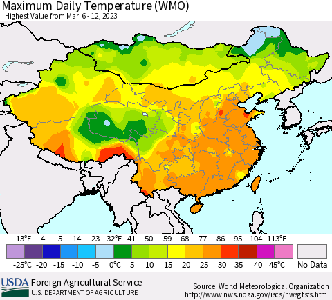 China, Mongolia and Taiwan Maximum Daily Temperature (WMO) Thematic Map For 3/6/2023 - 3/12/2023