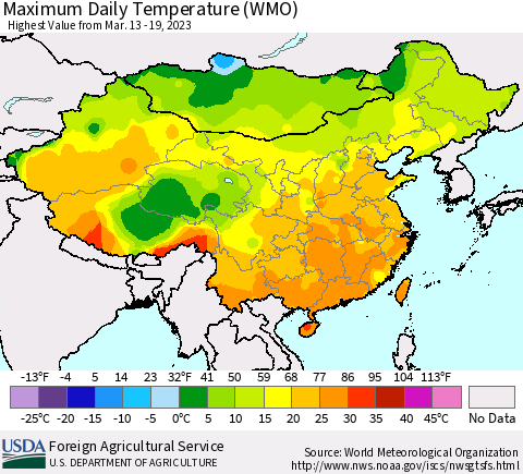 China, Mongolia and Taiwan Maximum Daily Temperature (WMO) Thematic Map For 3/13/2023 - 3/19/2023