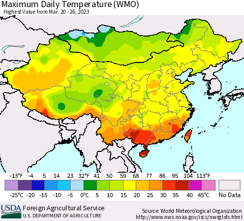 China, Mongolia and Taiwan Maximum Daily Temperature (WMO) Thematic Map For 3/20/2023 - 3/26/2023