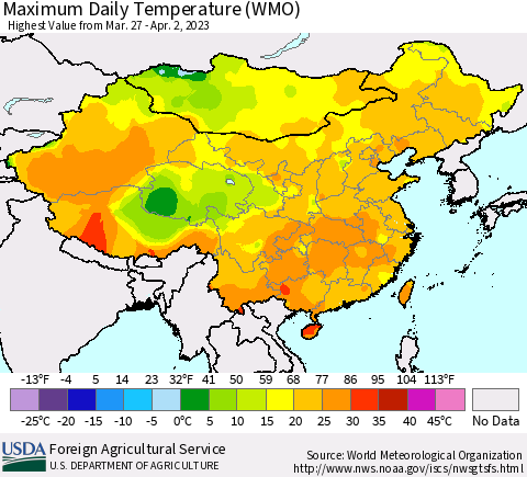 China, Mongolia and Taiwan Maximum Daily Temperature (WMO) Thematic Map For 3/27/2023 - 4/2/2023