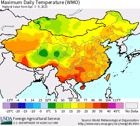 China, Mongolia and Taiwan Maximum Daily Temperature (WMO) Thematic Map For 4/3/2023 - 4/9/2023