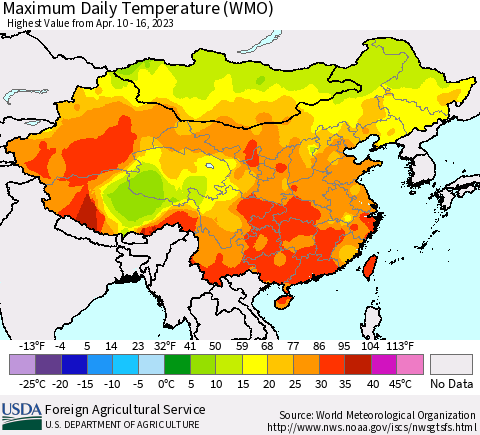 China, Mongolia and Taiwan Maximum Daily Temperature (WMO) Thematic Map For 4/10/2023 - 4/16/2023