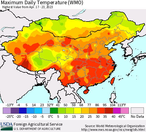 China, Mongolia and Taiwan Maximum Daily Temperature (WMO) Thematic Map For 4/17/2023 - 4/23/2023