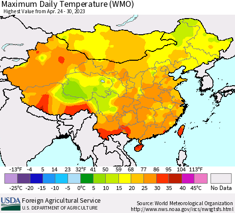 China, Mongolia and Taiwan Maximum Daily Temperature (WMO) Thematic Map For 4/24/2023 - 4/30/2023