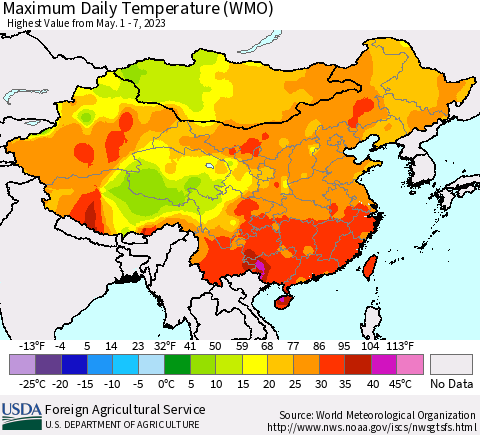China, Mongolia and Taiwan Maximum Daily Temperature (WMO) Thematic Map For 5/1/2023 - 5/7/2023