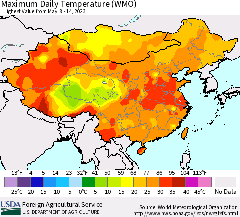 China, Mongolia and Taiwan Maximum Daily Temperature (WMO) Thematic Map For 5/8/2023 - 5/14/2023