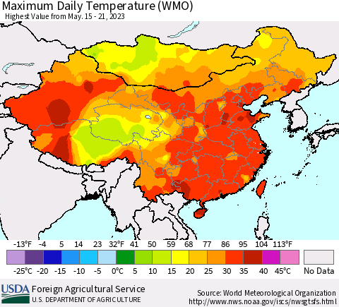 China, Mongolia and Taiwan Maximum Daily Temperature (WMO) Thematic Map For 5/15/2023 - 5/21/2023