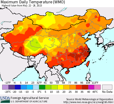 China, Mongolia and Taiwan Maximum Daily Temperature (WMO) Thematic Map For 5/22/2023 - 5/28/2023