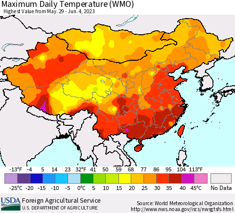 China, Mongolia and Taiwan Maximum Daily Temperature (WMO) Thematic Map For 5/29/2023 - 6/4/2023