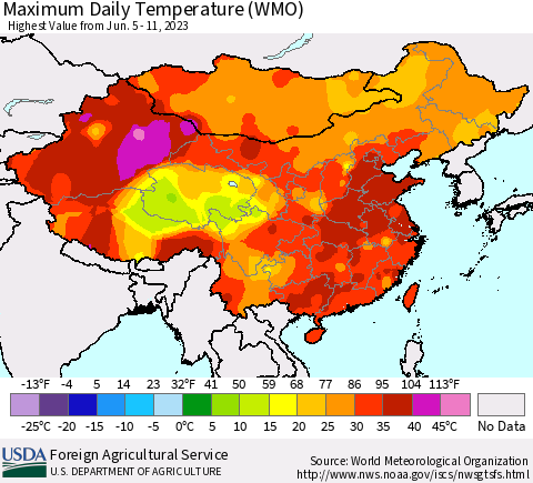 China, Mongolia and Taiwan Maximum Daily Temperature (WMO) Thematic Map For 6/5/2023 - 6/11/2023
