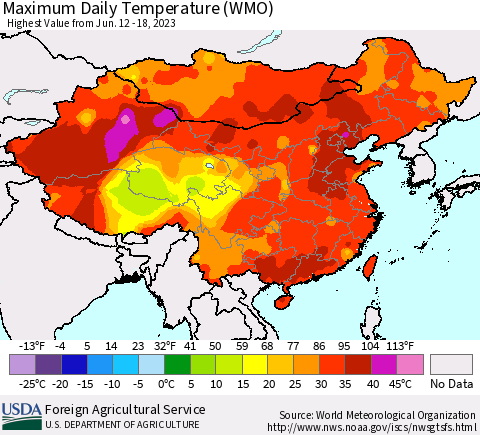China, Mongolia and Taiwan Maximum Daily Temperature (WMO) Thematic Map For 6/12/2023 - 6/18/2023