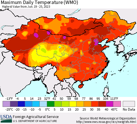 China, Mongolia and Taiwan Maximum Daily Temperature (WMO) Thematic Map For 6/19/2023 - 6/25/2023