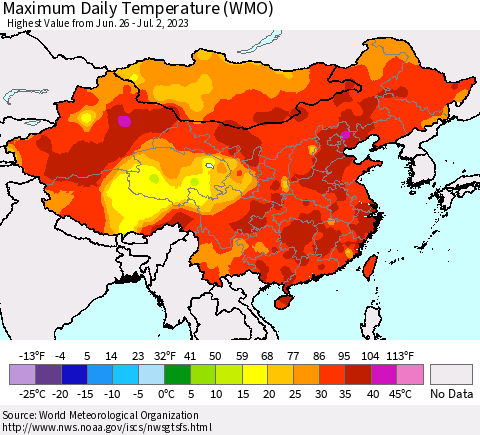China, Mongolia and Taiwan Maximum Daily Temperature (WMO) Thematic Map For 6/26/2023 - 7/2/2023